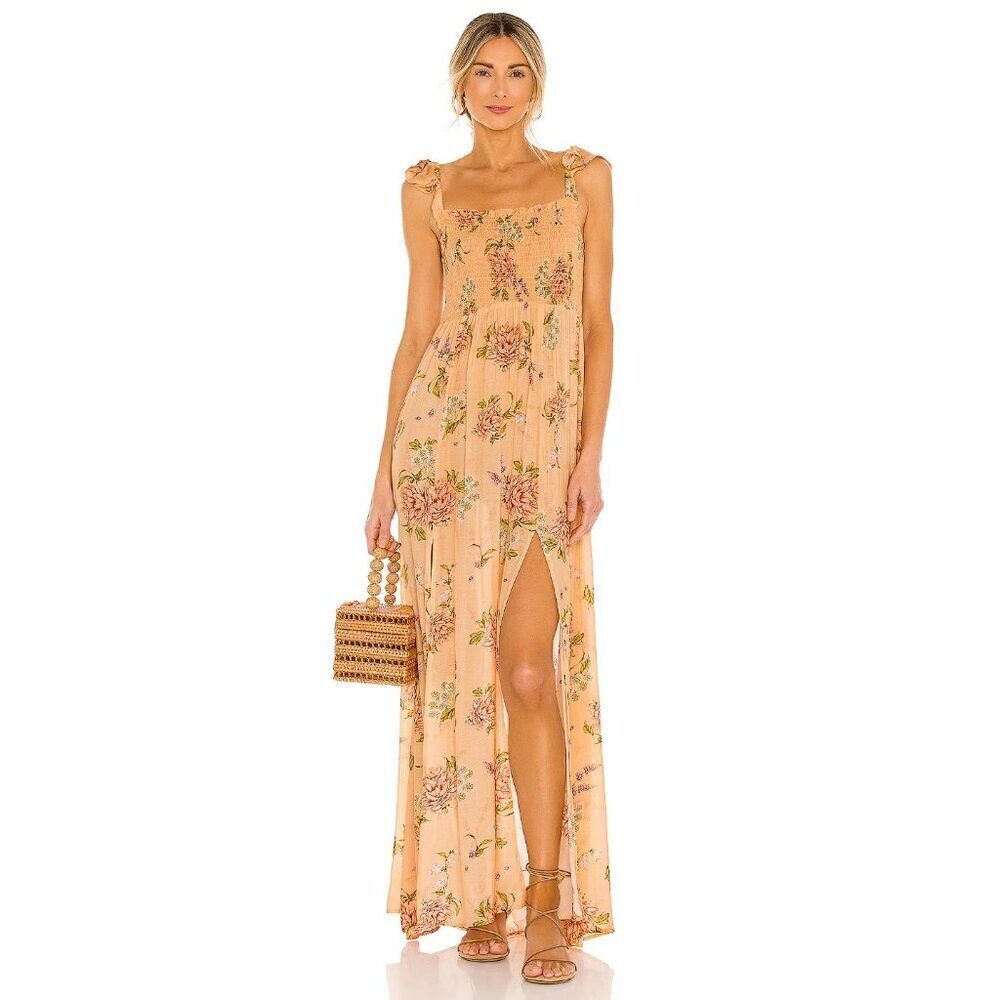 NWT Agua Bendita Leandra Blomma Maxi in Peach Floral Smocked Slit Dress M